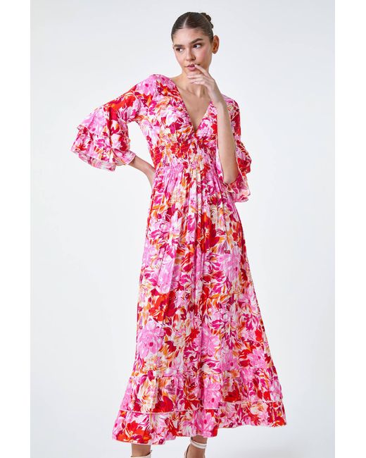 Roman Floral Ruffle Detail Shirred Maxi Dress