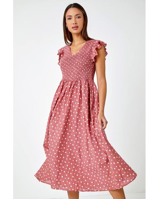 Roman Frill Sleeve Spot Shirred Midi Dress