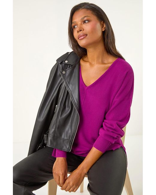Roman Purple Soft V-Neck Side Split Knit Sweater