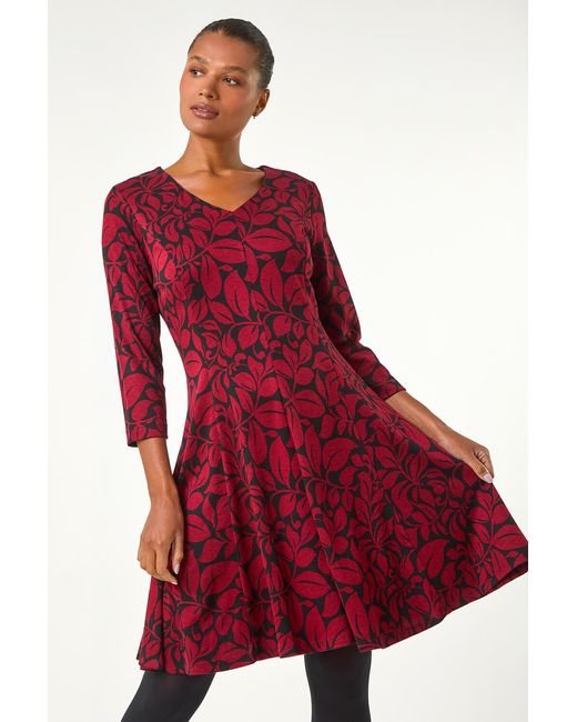 Roman Red Leaf Print Skater Dress