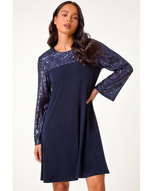 Roman Petite Blue Contrast Sequin Shift Stretch Dress