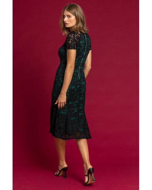 Roman Green Flute Hem Lace Midi Dress