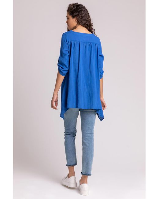 Roman Blue Asymmetric Abstract Button Detail Top