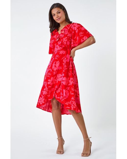 Lilly-and-Hope Red Floral Print Asymmetric Midi Wrap Dress