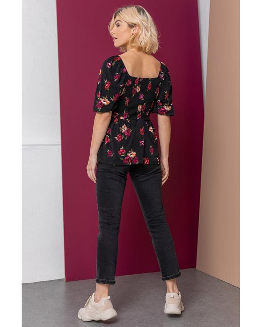 D.u.s.k Black Shirred Bodice Floral Print Top