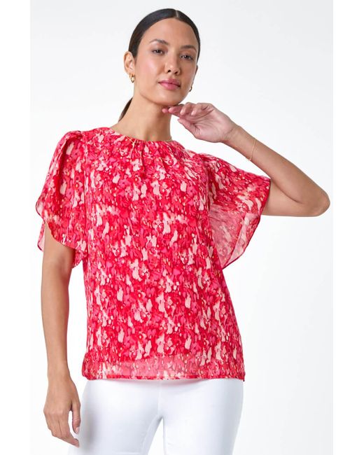 Roman Red Ditsy Floral Frill Sleeve Top