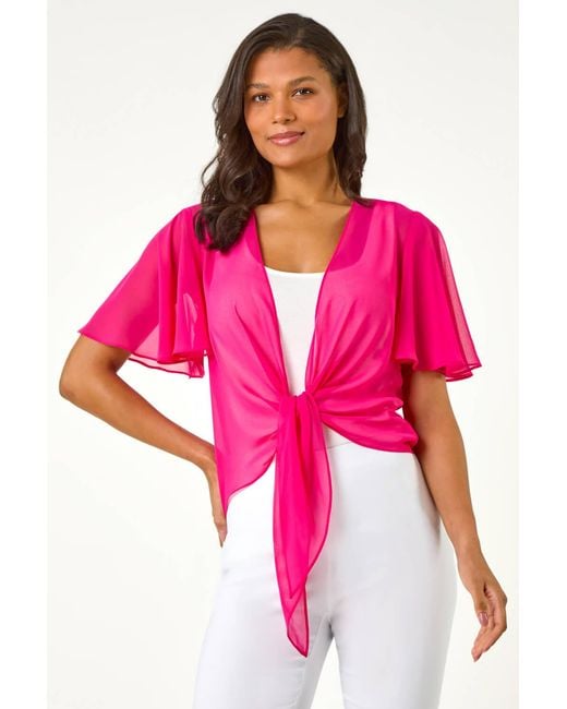 Roman Pink Chiffon Draped Tie Front Cover Up