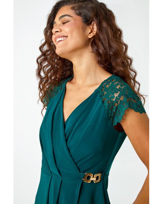 Roman Green Lace Trim Stretch Wrap Top