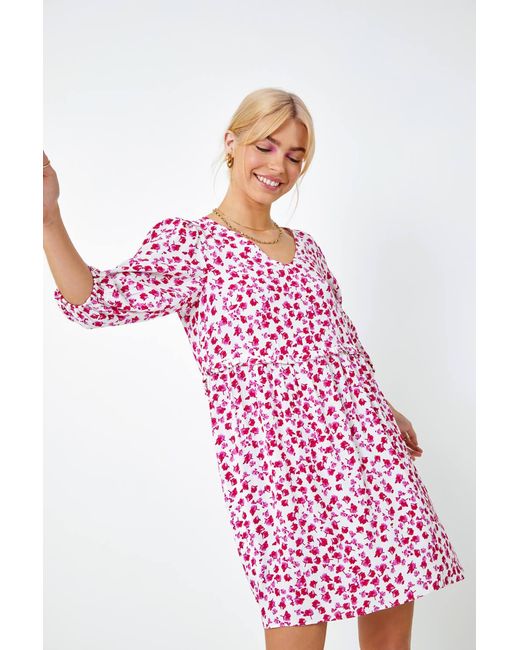 D.u.s.k Red Floral Print Frill Detail Smock Dress