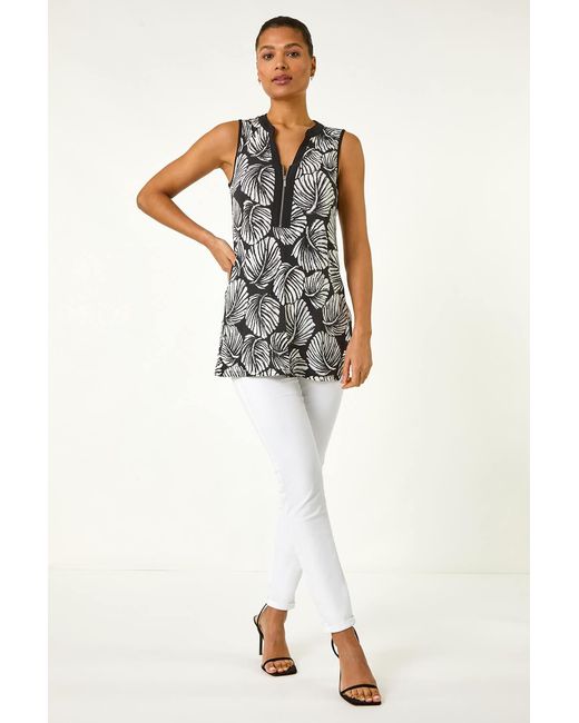 Roman Black Leaf Print Zip Front Stretch Top