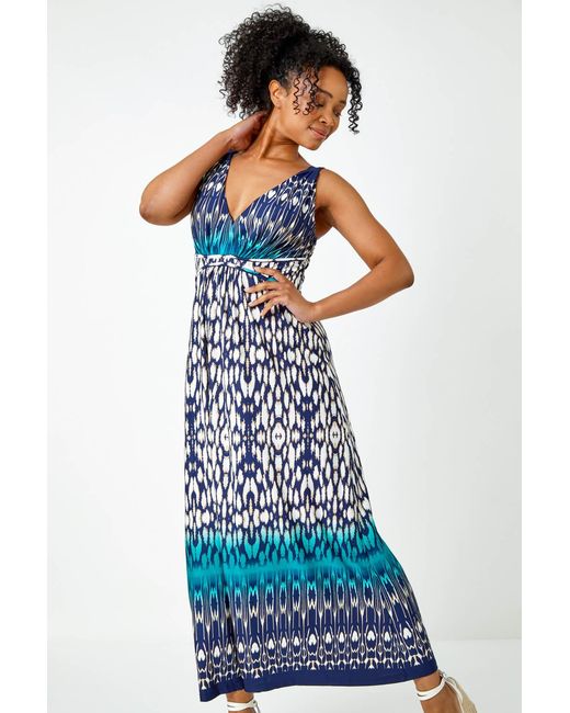 Roman Petite Blue Sleeveless Aztec Maxi Stretch Dress