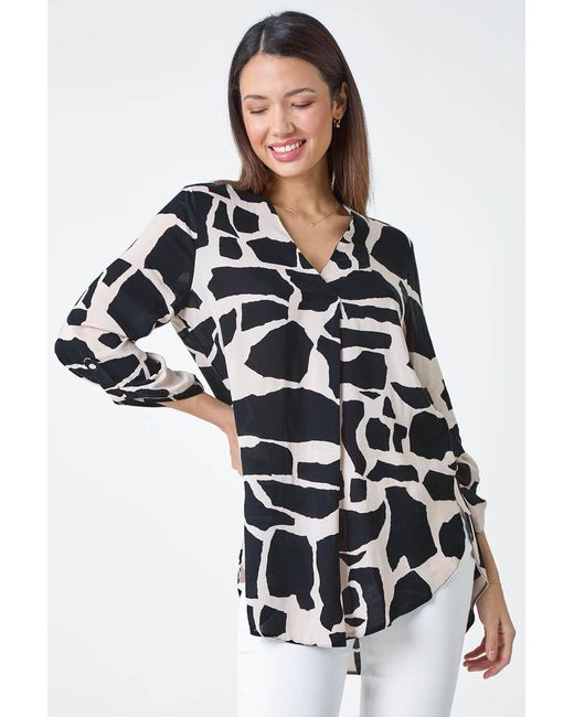 Roman White Animal Print Pleat Front V-Neck Top