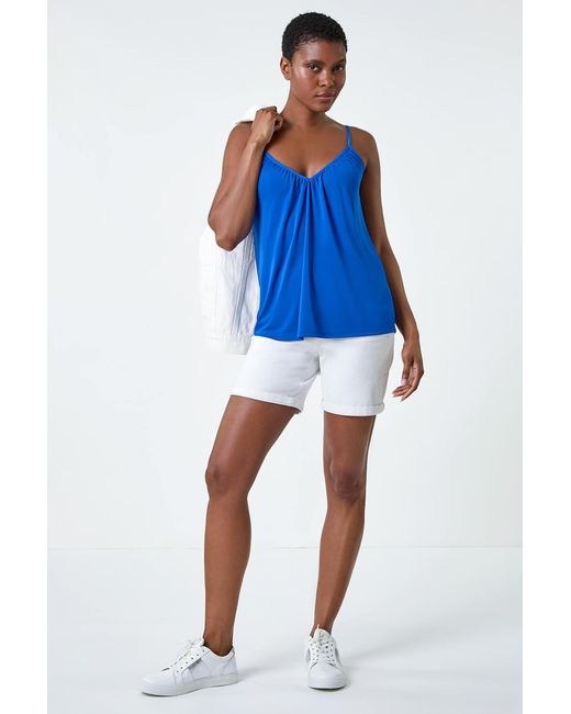 Roman Blue Gathered V-Neck Stretch Vest Top