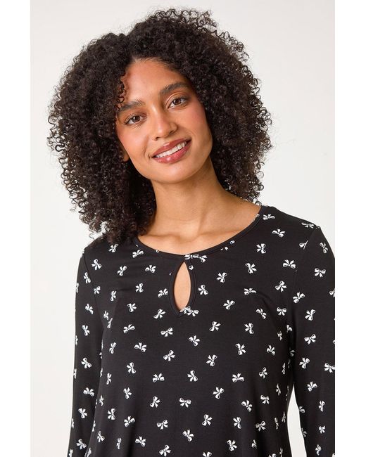 Roman Black Bow Print Cutout Tunic Top