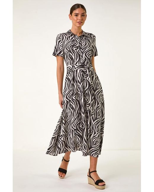 Roman Black Zebra Print Belted Shirt Dress