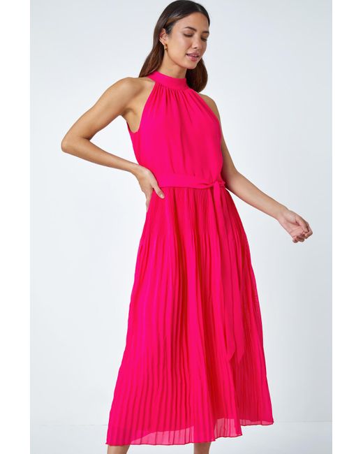 Roman Pink Halterneck Pleated Chiffon Maxi Dress