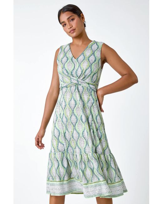 Roman Blue Twist Front Leaf Print Stretch Dress