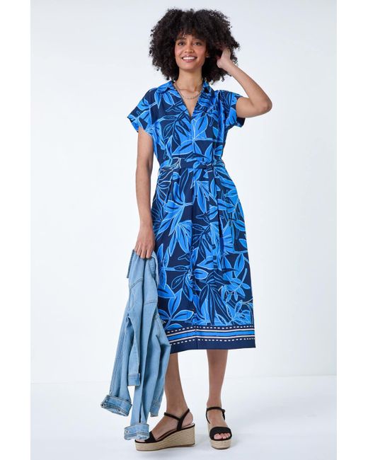Roman Blue Border Leaf Print Midi Dress