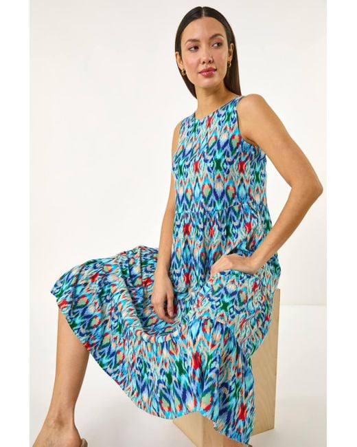 Roman Blue Abstract Print Smock Midi Dress