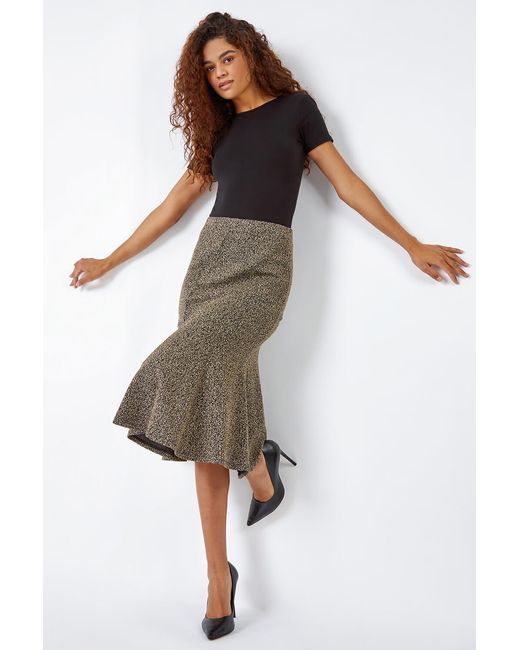 Roman Natural Flared Textured Midi Elastic Waist Skirt