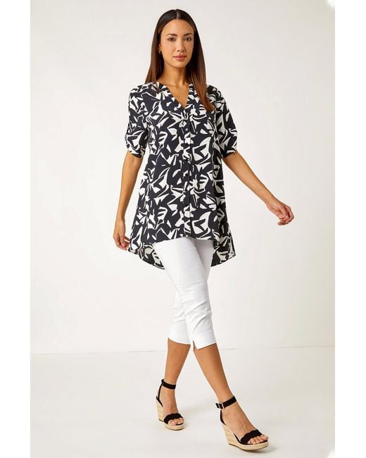 Roman Black Abstract Print Dipped Hem Shirt