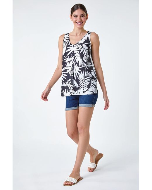 Roman Black Sleeveless V-Neck Palm Print Button Cami Top