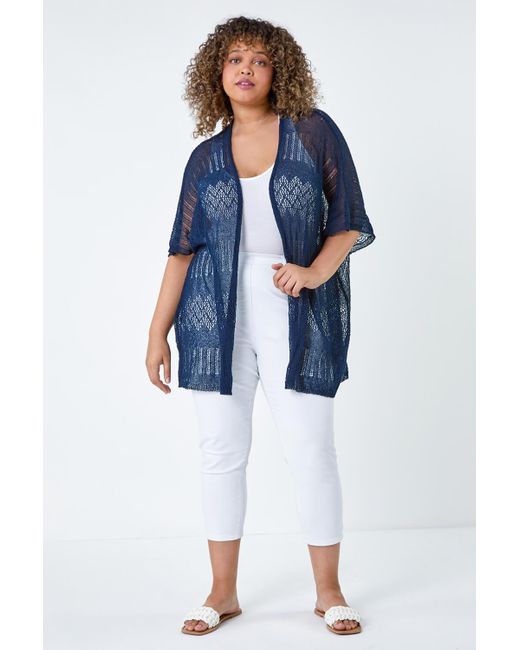 Roman Blue Curve Pointelle Knit Stretch Cardigan