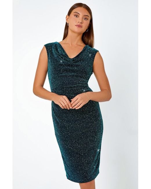 Roman Blue Shimmer Cowl Neck Stretch Dress
