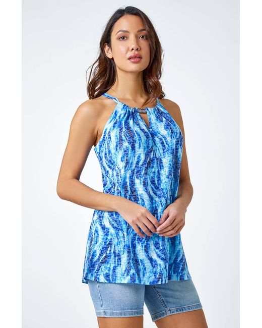 Roman Blue Abstract Print Halter Neck Top