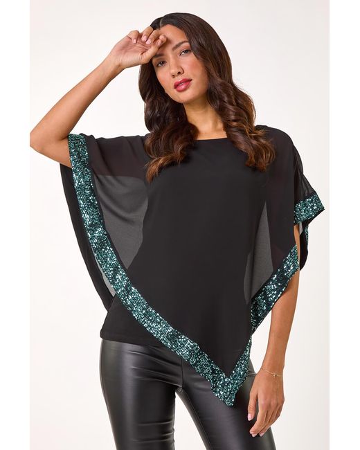 Roman Black Sequin Hem Overlay Stretch Top