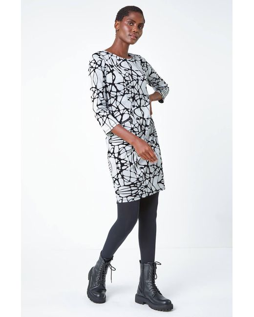Roman White Linear Print Shift Dress