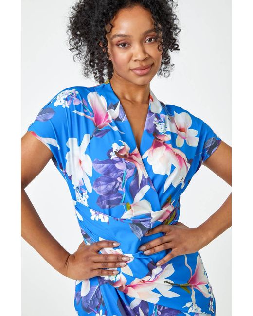 Roman Petite Blue Ruched Floral Wrap Dress