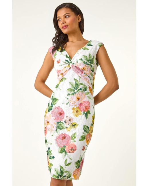 Roman White Rose Print Lace Knot Stretch Dress
