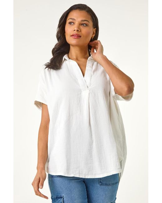 Roman Blue Collared V-Neck Pleated Top