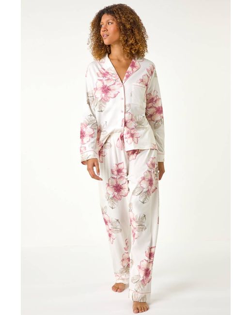 Roman Pink Floral Print Revere Pyjama Set