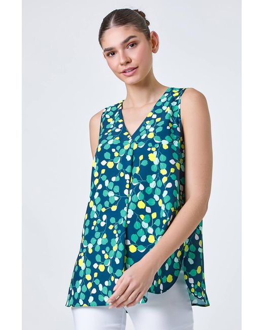 Roman Blue Ditsy Spot Sleeveless V-Neck Pleat Vest Top