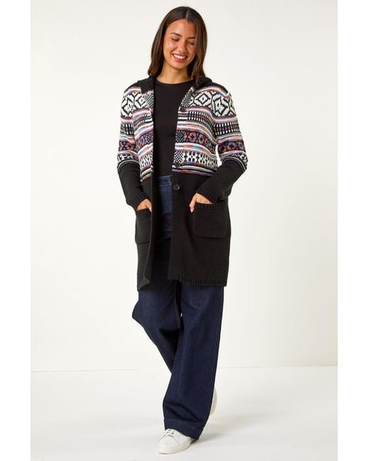 Roman Blue Pattern Button Detail Hooded Knit Cardigan