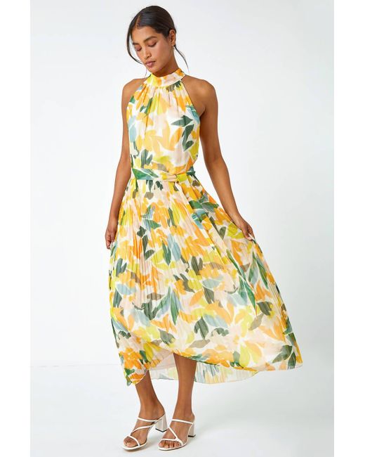 Roman Yellow Floral Halterneck Pleated Maxi Dress