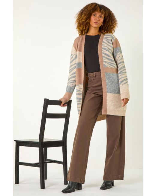 Roman Natural Colour Block Animal Print Knit Cardigan