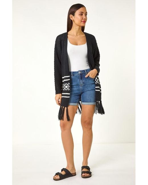 Roman Black Jacquard Fringe Hem Knit Cardigan