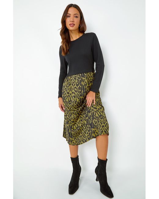 Roman Green Contrast Leopard Print Pocket Knit Midi Dress