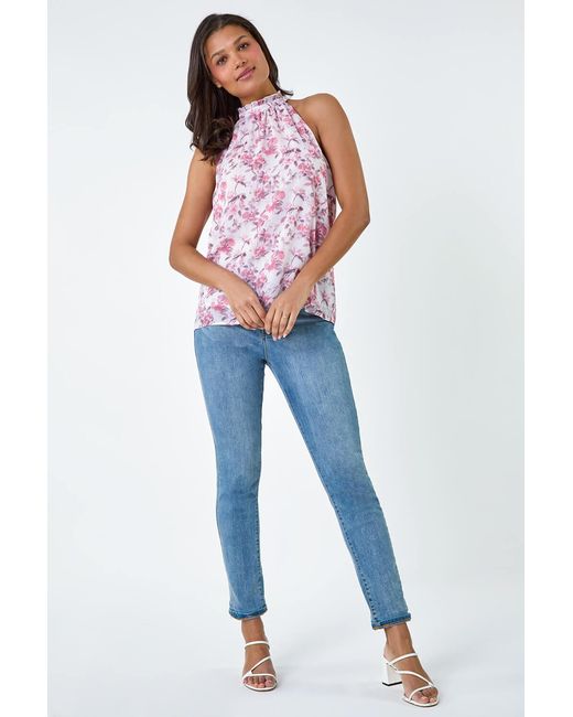 Lilly-and-Hope White Floral Print Halter Neck Frill Top