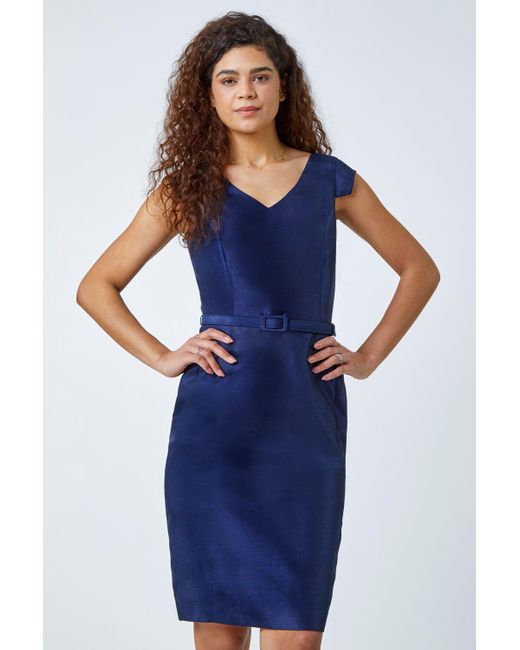 Roman Blue Satin Look Belted Shift Dress