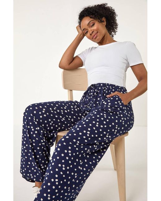 Roman Petite Blue Spot Print Wide Leg Stretch Trouser