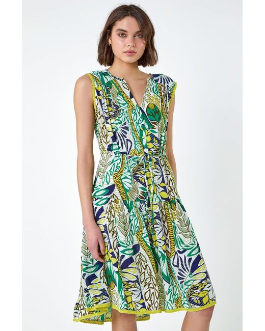 Roman Green Leaf Print Tiered Woven Dress