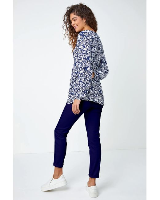 Roman Blue Floral Print V-Neck Tunic Smock Stretch Top