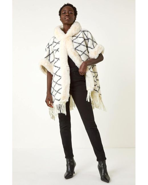 Roman Natural Check Print Faux Fur Trim Cape