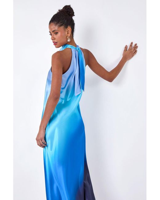 Roman Blue Dusk Fashion Satin Ombre Halterneck Dress