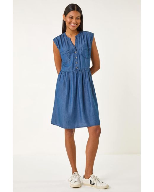 Roman Blue Button Detail Gathered Dress