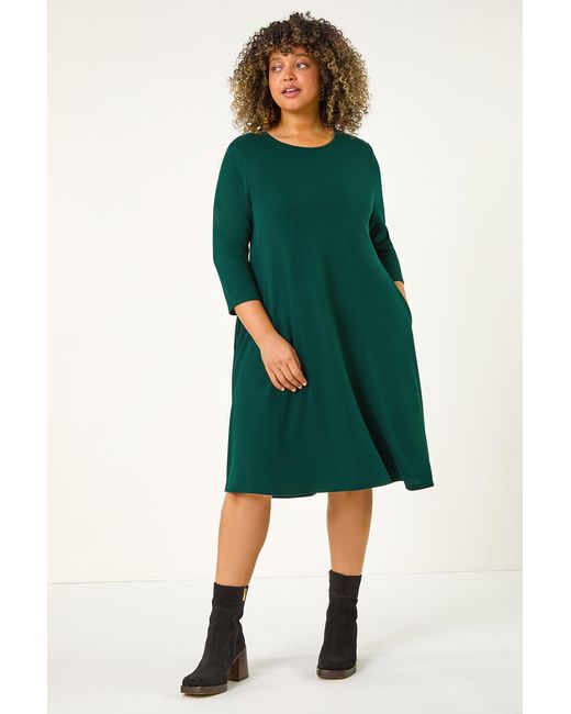 Roman Curve Green Pocket Detail Swing Stretch Dress